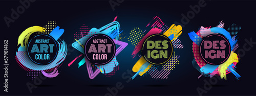 Music invitation, dance posters, brush painted. Stylish royal colors, business graphic design, colourful cards. Round frames with copy space. Trendy logo design vector current abstract background