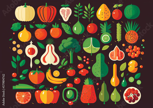 Vibrant and colorful illustration of a variety of fresh produce displayed in a visually appealing way. Bright tones such as red, orange, yellow and green present a flat design style. Generative AI