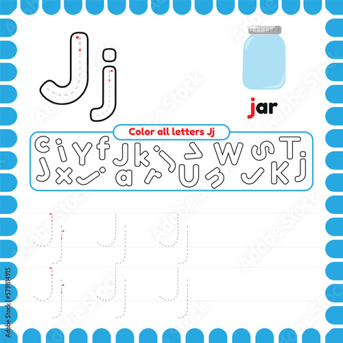 Alphabet Tracing Worksheet with letters. Writing practice letter J.