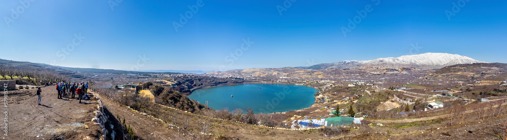 Panoramic aerial view of Lake Ram in wintertime with snow, Golan Heights, Israel. Panoramic aerial view of Lake Ram in wintertime with snow, Golan Heights, Israel.