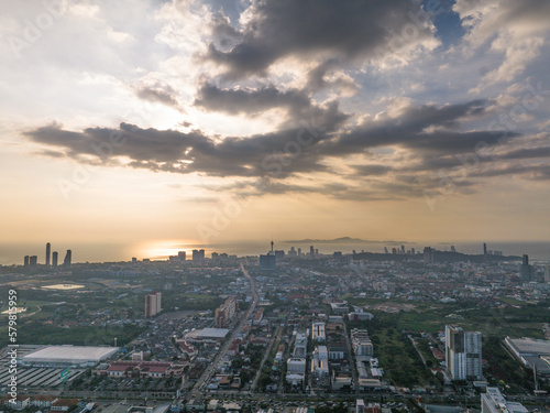 Aerial view of Pattaya skyline at sunset, Chonburi province, Thailand.