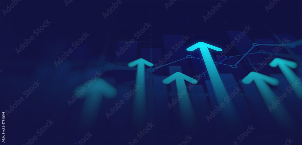 Abstract financial graph with uptrend line and arrows in stock market on blue color background
 - obrazy, fototapety, plakaty 
