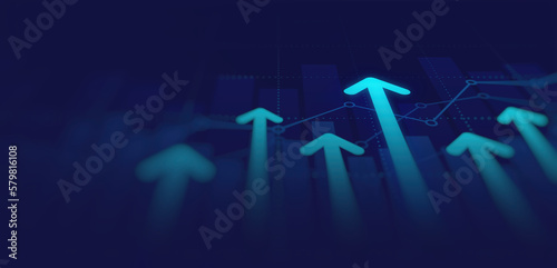 Abstract financial graph with uptrend line and arrows in stock market on blue color background  © iamchamp