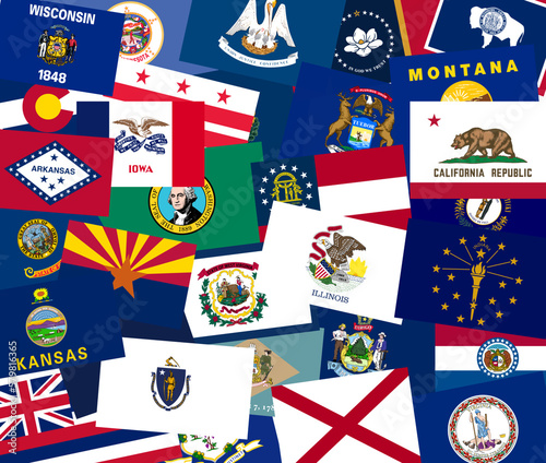 US state flags on white background. Political concept. 50 flags 3d illustration