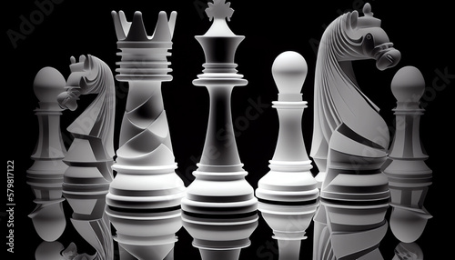 Translucent chess pieces on a black and white reflective stone chess board - closeup