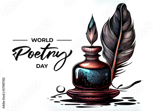 World Poetry Day, March 21. Art illustration of inkwell and feather. Generative Ai. Poster Concept. photo