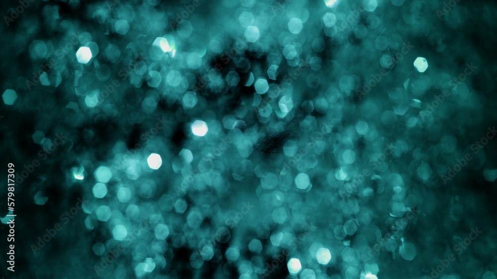 Abstract full frame defocused and Bokeh snow and diamond tinsel glow. Concept 3D illustration turquoise green  gala glitter background. Luxury and festive copy space and product showcase backplate.