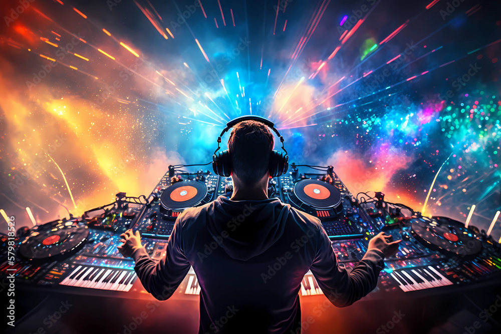 a DJ plays a massive set, in a venue, at a festival, bright neon lazers