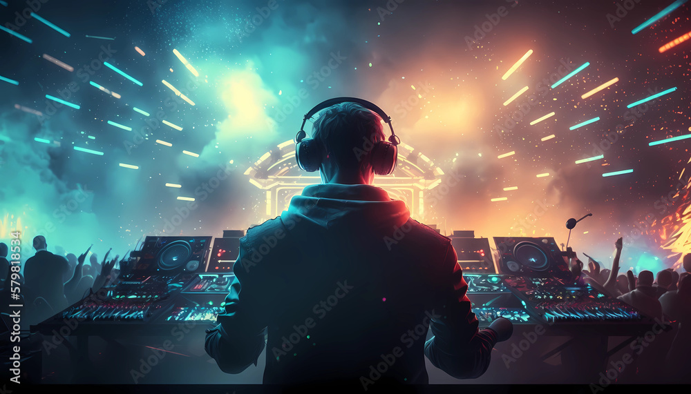 a DJ plays a massive set, in a venue, at a festival, bright neon lazers hit the crowd, Created with Generative AI