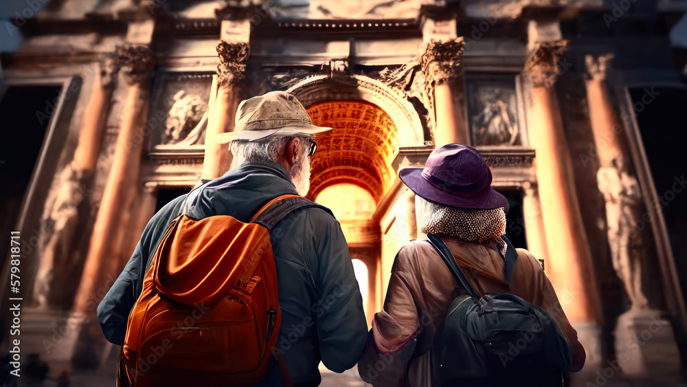 Senior family couple walking together on ancient sightseeing, with camera taking selfie. Travel and tourism, lifestyle concept, active age. AI generative