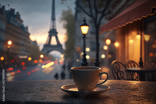 Delicious coffee on blurred background of Paris cozy street and Eiffel tower. Generative AI photo