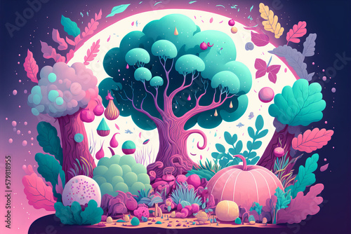 Fantastic and enchanting illustration of forest with exotic fruits and vegetables. Bright and soft colors, ideal for culinary discovery. Generative AI photo