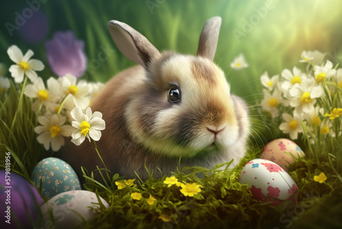 Easter bunny and Easter eggs on green grass field spring meadow. Generative ai.
