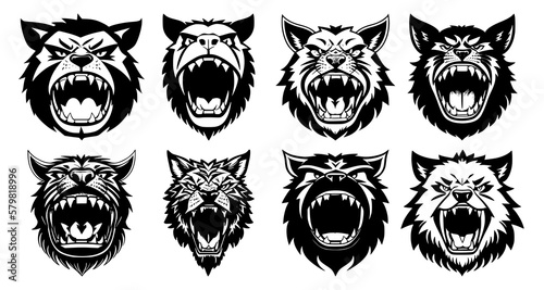 Set of fantastic animal heads with open mouth and bared fangs, with different angry expressions of the muzzle. Symbols for tattoo, emblem or logo, isolated on a white background.