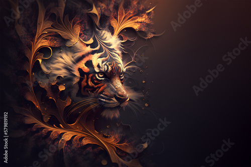 Tiger head with abstract fractal pattern on black background. Abstract image of lion. Fractal ornaments. Abstract background. Generative AI technology.
