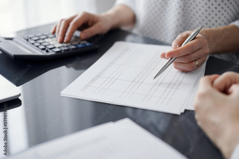 Fototapeta premium Woman accountant using a calculator and laptop computer while counting and discussing taxes with a client. Business audit and finance concepts.