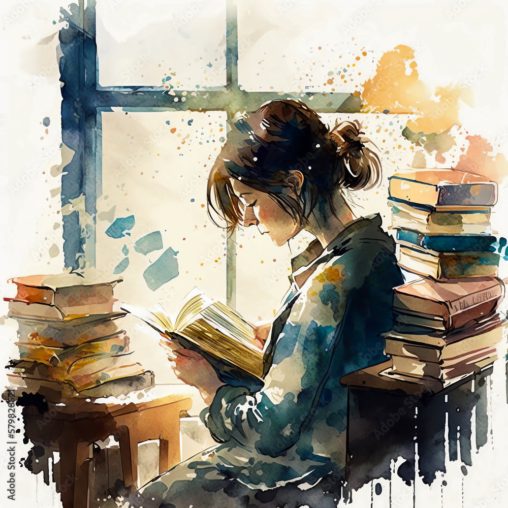 Caucasian young woman reading a book in the room. Generative AI. Day of the  book Stock Illustration | Adobe Stock