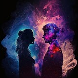 Happiness in space silhouette, rainbow of colors kiss, couple in love, GENERATIVE AI