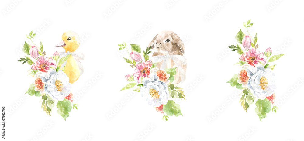 Watercolor Easter animal cute bunny, duck bouquet illustration, spring flower composition clipart arrangement. Botanical spring flower frame, peony,rose,baby shower, happy birthday invite,border diy	