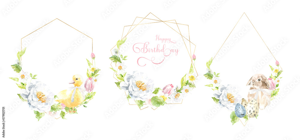 Watercolor Easter gold polygonal geometry frame illustration. Botanical spring floral frame, gold glitter wreath, chaplet, peony,rose, cute Easter bunny animal clipart, baby shower, happy birthday, Watercolor Easter gold polygonal geometry frame illustration. Botanical spring floral frame, gold glitter wreath, chaplet, peony,rose, cute Easter bunny animal clipart, baby shower, happy birthday,