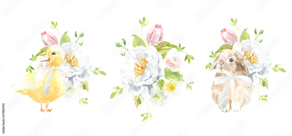 Watercolor Easter animal cute bunny, duck bouquet illustration, spring flower composition clipart arrangement. Botanical spring flower frame, peony,rose,baby shower, happy birthday invite,border diy Watercolor Easter animal cute bunny, duck bouquet illustration, spring flower composition clipart arrangement. Botanical spring flower frame, peony,rose,baby shower, happy birthday invite,border diy