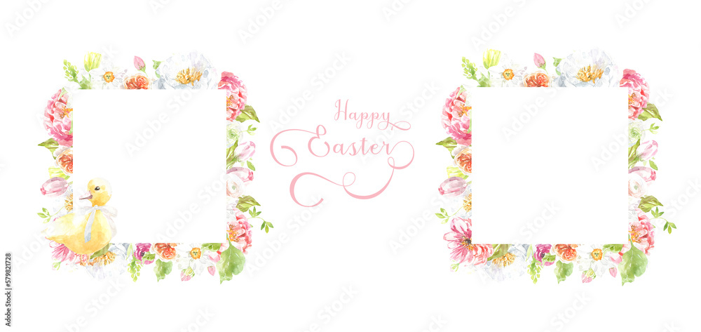Happy Easter, Happy Birthday Watercolor Easter gold polygonal geometry frame illustration. Botanical spring floral frame, gold glitter wreath, chaplet, peony,rose, cute Easter bunny animal clipart 