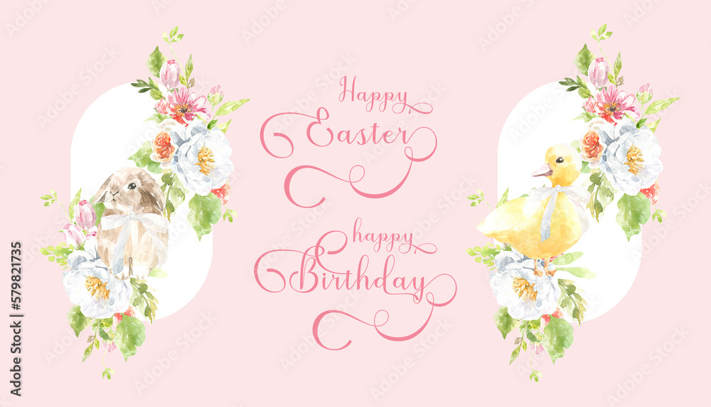 Happy Easter, Happy Birthday Watercolor Easter gold polygonal geometry frame illustration. Botanical spring floral frame, gold glitter wreath, chaplet, peony,rose, cute Easter bunny animal clipart 