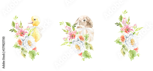 Watercolor Easter animal cute bunny, duck bouquet illustration, spring flower composition clipart arrangement. Botanical spring flower frame, peony,rose,baby shower, happy birthday invite,border diy 