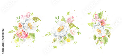 Watercolor Easter animal cute bunny, duck bouquet illustration, spring flower composition clipart arrangement. Botanical spring flower frame, peony,rose,baby shower, happy birthday invite,border diy
