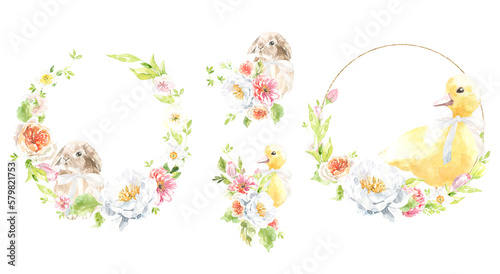 Spring watercolor floral wreath, frame, gold polygonal, peony bouquet, easter bunny duck, botanical frame, animal clipart, baby shower, happy birthday invite,border, banner, wallpaper, baby shower,