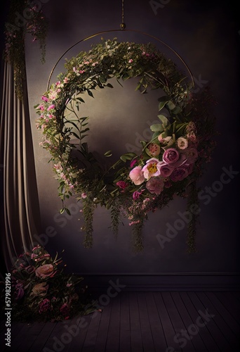 Dark hanging floral halo ring photography backdrop
