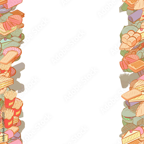 Background pattern abstract design texture. Bakery products and American food. Vertical seamless stripes. Border frame, transparent background. Theme is about slice, bread, waffles, steak