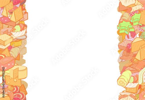 Background pattern abstract design texture. Snacks and Cheeses. Vertical seamless stripes. Border frame, transparent background. Theme is about tartlet, caramel, many holes, topping, lies