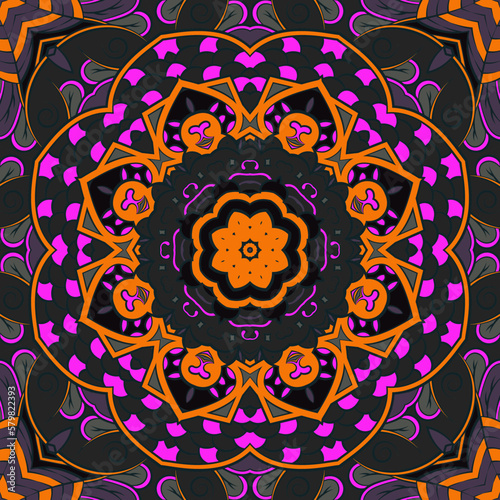 Seamless tile texture. Tracery mehndi design image. Dark toxic colors. Ethnic doodle art. Curved doodling picture. Vector