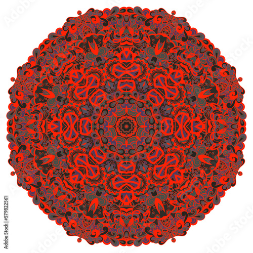 Mandala. Tracery wheel image. Mehndi design. Dark toxic colors. Ethnic doodle art. Curved doodling picture. Vector