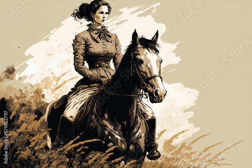 A beautiful portrait of a woman riding a horse in a field - mixing shades of beige, black and white for a graceful and elegant rendering. Generative AI