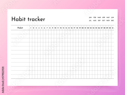 Habit tracker. Template habit diary for month. Journal planner with bullets. Layout for daily goal list. Simple design. Horizontal, landscape orientation. Paper size A4. Vector illustration.