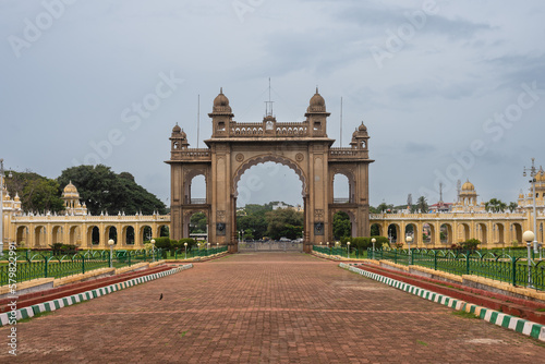 Exteriors and Facade of the historic and grand Mysore palace also called Amba Vilas palace in Karnataka  India photo