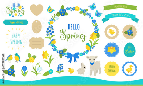Cute spring clipart set. Flowers, cute birds and animals. Easter tags labels for text. Scrapbook journaling spring stickers collection. Blue, yellow, turquoise, lime green color. Flat vector graphics.