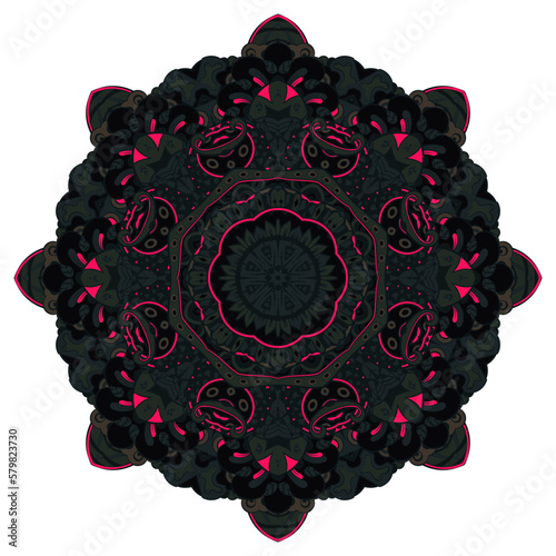 Mandala. Tracery wheel image. Mehndi design. Dark toxic colors. Ethnic doodle art. Curved doodling picture. Vector