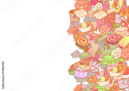 Background pattern abstract design texture. Snacks. Vertical seamless stripe. Border frame, transparent background. Theme is about slice, topping, wand, salad, wrapped up, mini cake, stuffed cabbage