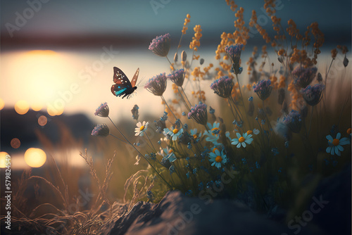 AI Generative, Summer meadow flowers with flying butterfly on a sunset lights with seaview  photo