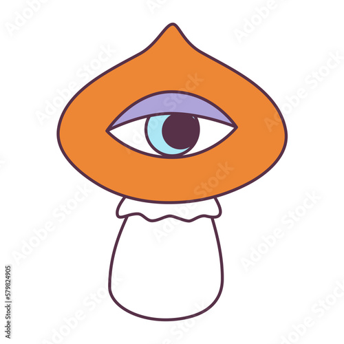 Retro 70s Groovy Hippie sticker stylizes hippie mushroom. Psychedelic cartoon element -funky fungus illustration in vintage hippy style. Vector flat illustration for banner, flyer, invitation, card.