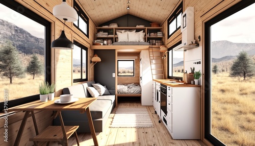 Tiny house interior with warm wooden decor, light and airy, AI generative