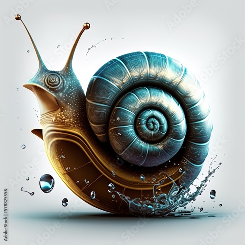 Cute blue and brown snail, splash of water on white background, design element, generative ai