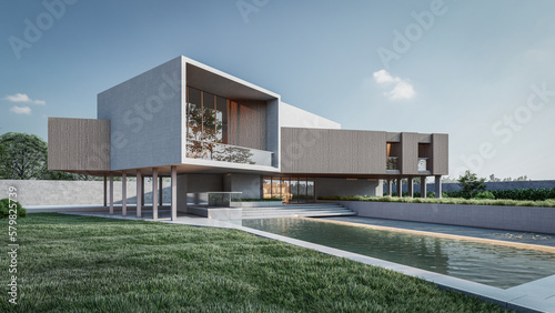 Architecture 3d rendering illustration of minimal house with swimming pool © Aris Suwanmalee