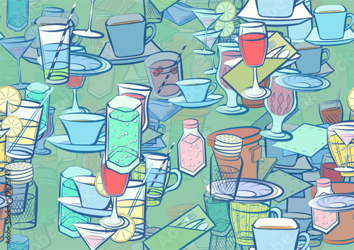 Background pattern abstract design texture. Seamless. Table setting and Drinks. Theme is about tree, spoon, bottle, wine, cocktail, pepper pot, cream, fork, coffee, citrus, knife, Cup, cutting board