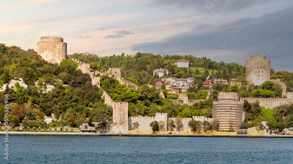 View of ruins of Rumelihisari, Bogazkesen Castle, or Rumelian Castle, in a sunny day, located at the hills of the European side of Bosphorus Strait, Istanbul, Turkey, built by Ottoman Sultan Mehmet II