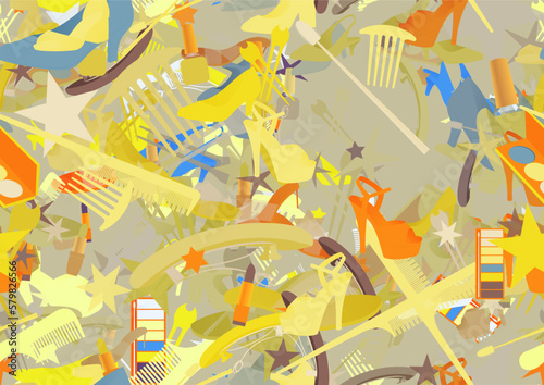 Background pattern abstract design texture. Seamless. Theme is about fashion, ladies, brush, loafers, platform heels, cosmetology, maquillage, flip-flops, cosmetics, everyday, salon, pomade