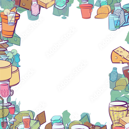 Background pattern abstract design texture. Drinks and Cheeses. Border frame, transparent background. Theme is about big, cut out, a circle, monolithic, citrus, cream, coffee, briquette